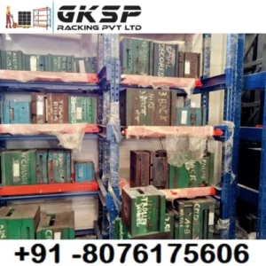 Mould Racks in blue and orange color shade with gksp racking private limited logo and our phone number which is 8076175606