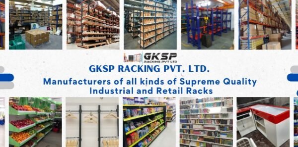 This is promotional banner for GKSP RACKING PVT. LTD. rack manufacturer in Haridwar, featuring a collage of multiple warehouse and retail storage solutions. Let me describe the layout and contents in detail: The image is consists of photographs: • Multiple images showing heavy-duty industrial warehouse racking systems in blue and orange colors • Storage racks filled with boxes and inventory items • Various angles of warehouse storage solutions showing both loaded and empty racks • The company logo and text reading "GKSP RACKING PVT. LTD." • A tagline stating "Manufacturers of all kinds of Supreme Quality Industrial and Retail Racks" • Several images of retail storage solutions including: • Grocery store shelving with fresh produce displays • Library/bookstore shelving systems • Convenience store display racks • Modern retail display units The color scheme throughout features predominantly blue, orange, and white colors in the racking systems. The overall presentation shows our diverse range of storage solutions for both industrial and retail applications. The images demonstrate different storage scenarios and applications, from heavy-duty warehouse storage to consumer-facing retail displays, illustrating our versatility in manufacturing various types of racking systems.